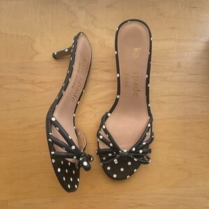Kate Spade Kitten Heel Sandals - Black & White Polka Dot and Bow Detail